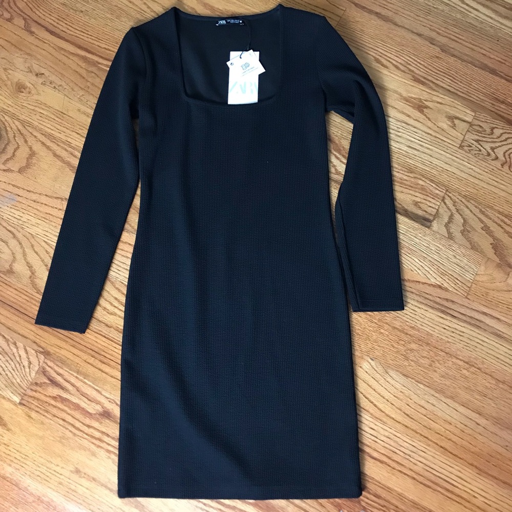 Zara Black Scoop Neck Long Sleeve Dress NWT